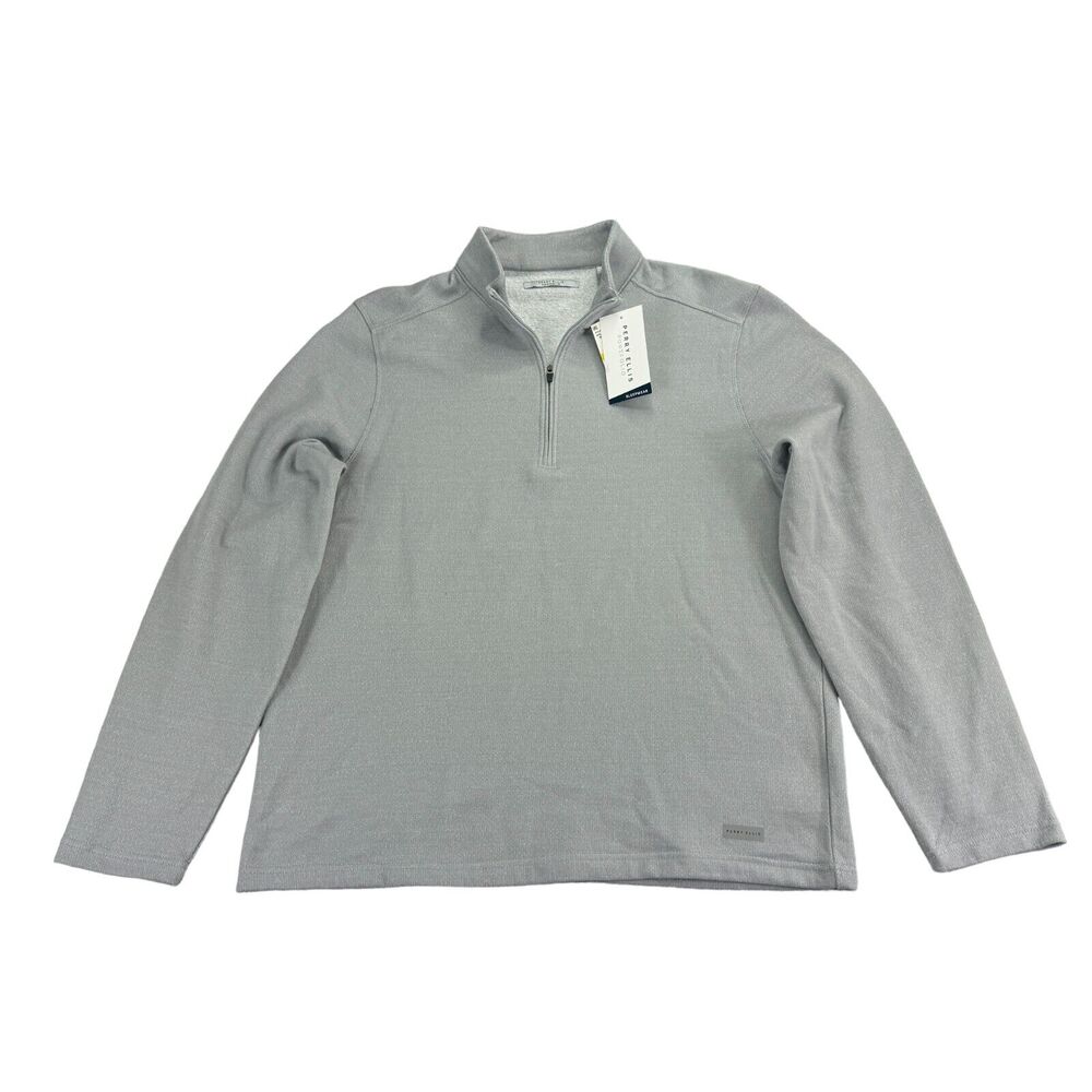 Perry Ellis Mens Heathered Textured Knit 1/4-Zip Pajama Sweater Gray M